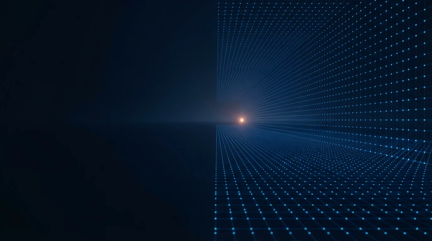 A single point of light on a blue digital grid