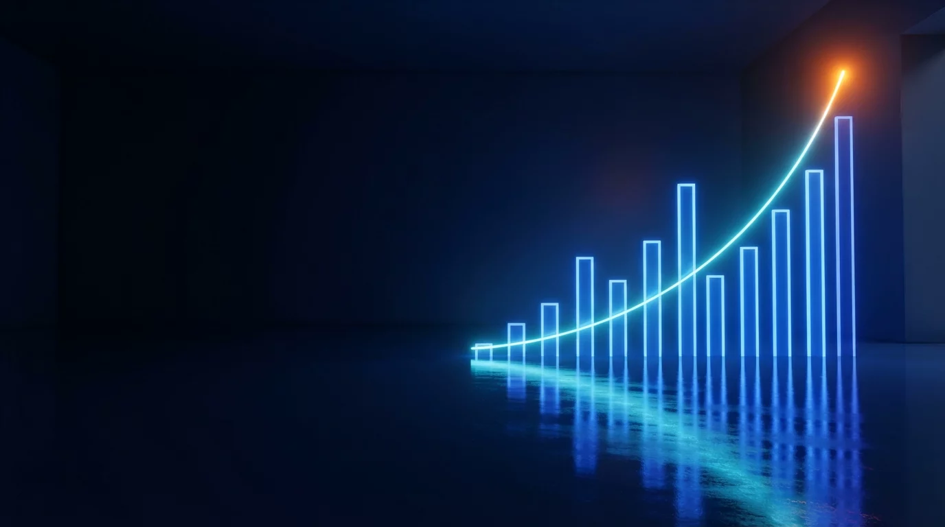 Glowing growth bars rising in a dark room