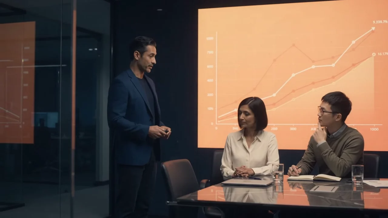 A strategist presenting a rising growth chart to a client team