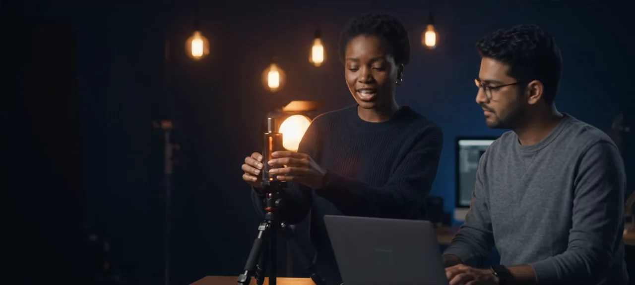 A content creator filming a product while a colleague edits