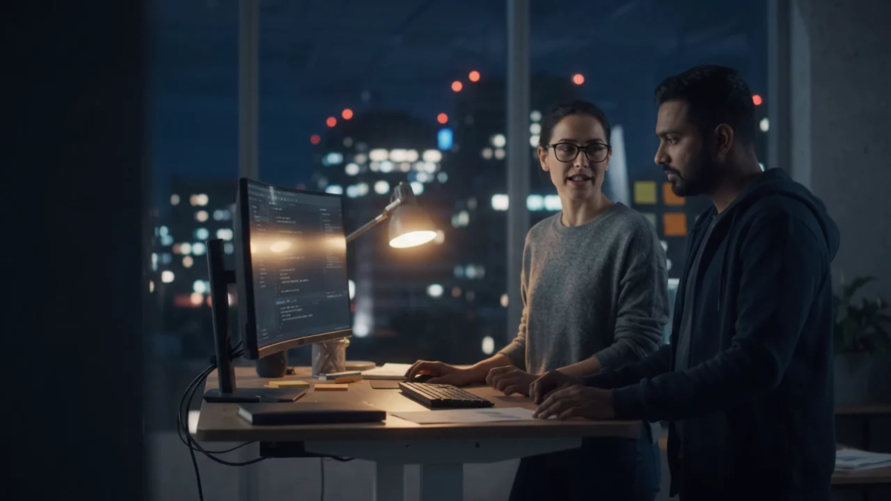 Two developers reviewing code together at night